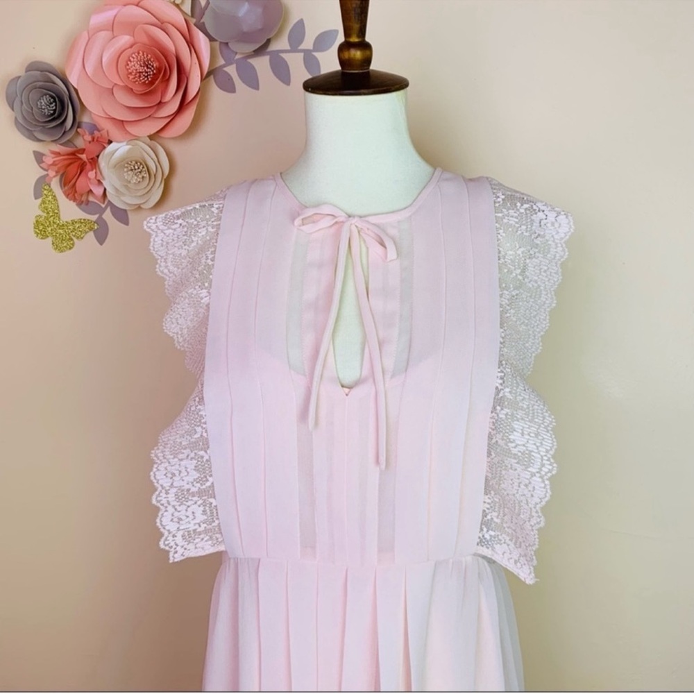 New! SANDRO Paris Pleated Lace Sheer Midi Dress in Peach Pink - Picture 7 of 10